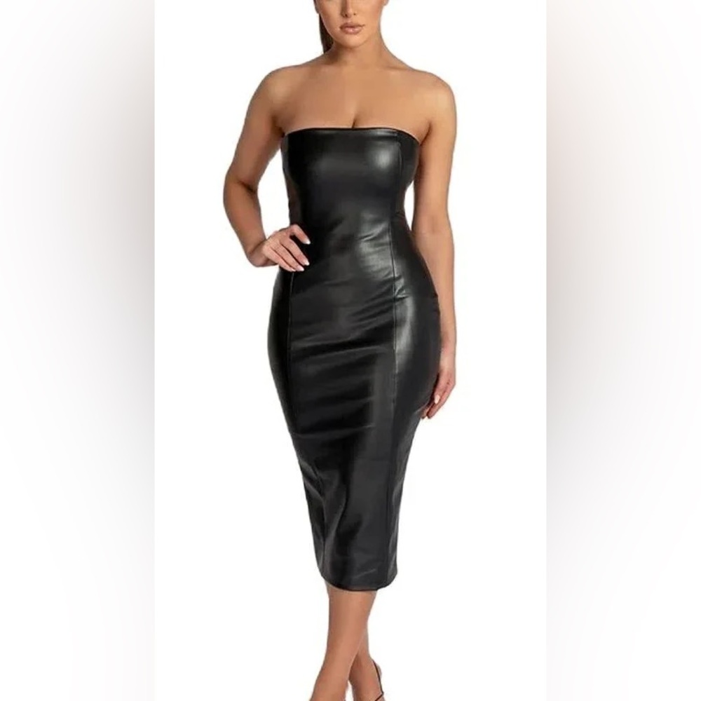 FASHION NOVA STRAPLESS LEATHER MIDI DRESS